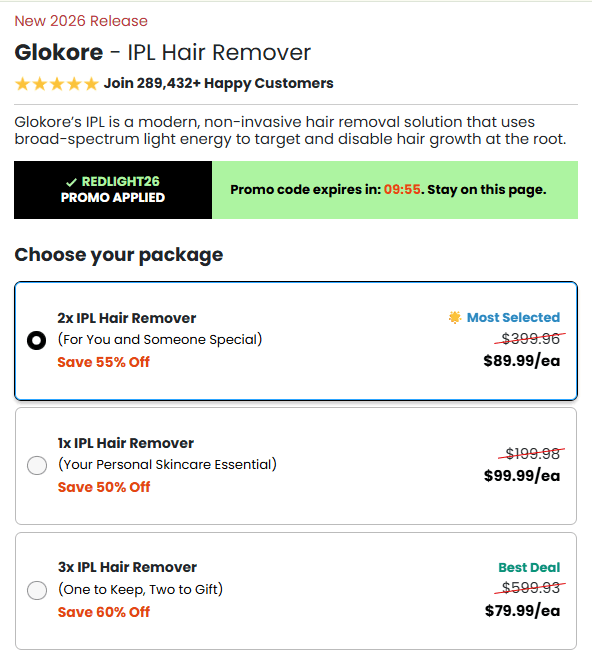 Glokore IPL Hair Remover Price Chart USA Up To 60 Percent Off Bundle Packages
